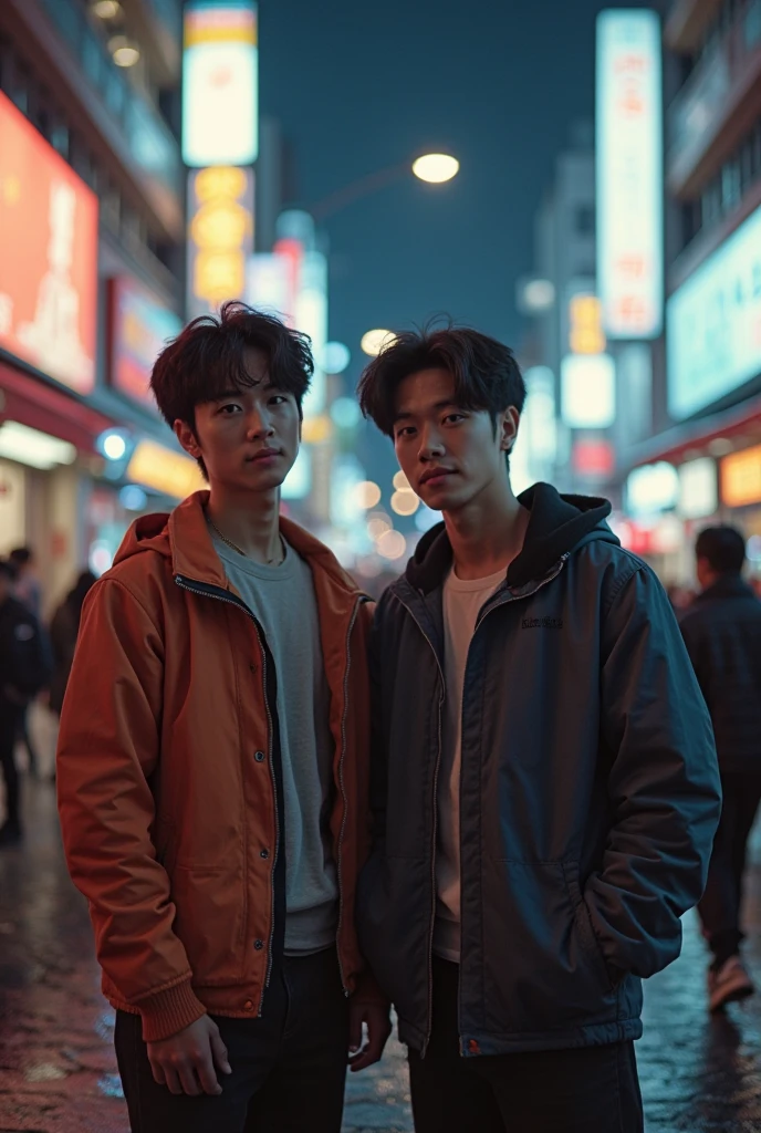 Realistic, highly detailed, Two boys, cute, korean, embrace, upper body, in the street, bangs, muscle, sexy, white thong underwear, abs, topless, city