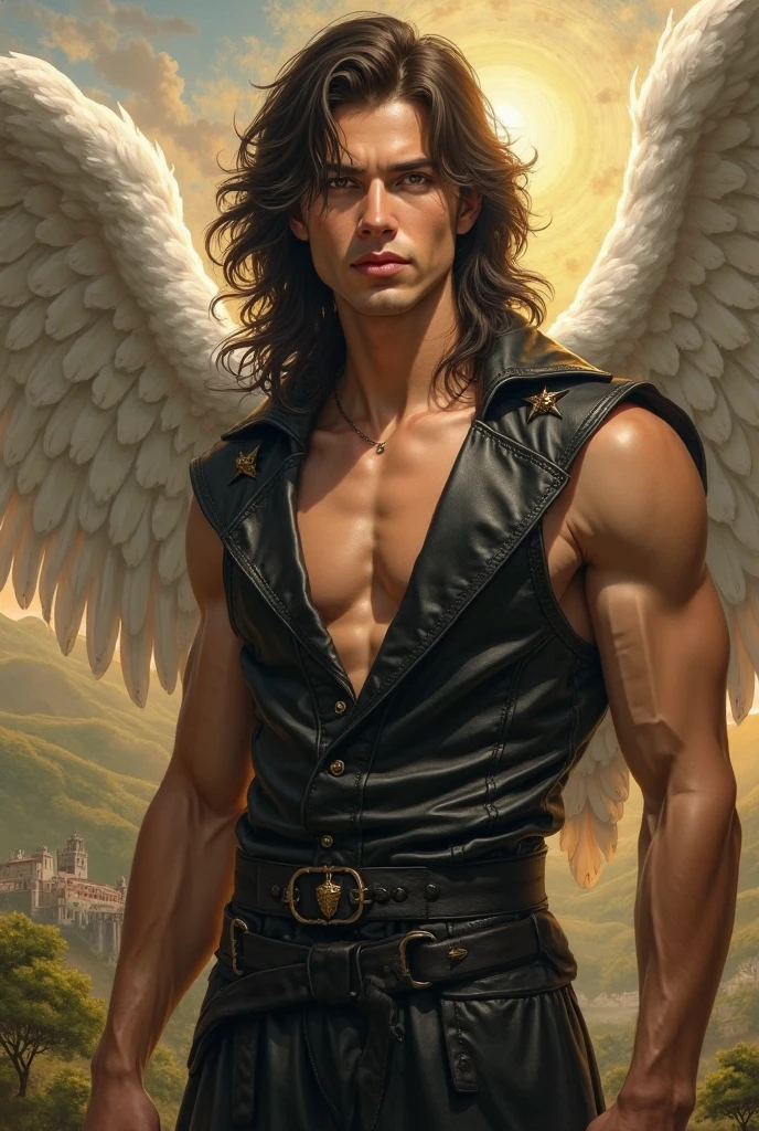 Photo-realistic, ((best quality)), ((masterpiece)), (detailed), short wavy hair, perfect face, the devil, masculine portrait of the devil, personification of The Devil, (evil look), super pale skin, massive huge majestic black angel wings, black wings, angel wings, devil wings, 2 wings, 18-year-old, super male model, handsome, tall, cute looking, evil look, dark look powerful, young male model, handsome mythical creature, super strong, muscular, fit, massive muscles, six pack, clean shave, blue eyes, white skin, pale skin, super pale skin, white pale skin, albino skin, wavy messy brown hair, short messy hair, messy wavy hair, (shirtless:1.5), bare-chested, muscle, ripped, strong body, fit body, pantless, fully naked, nude, naked, nsfw, 1 perfect penis, 1 amazing penis, 1 nice penis, 1 beautiful penis, 1 amazing penis, 1 good penis, 1 male penis, perfect gland, nice gland, amazing gland, perfect scrotum, amazing scrotum, nice scrotum, great scrotum, male scrotum, male genitalia, male structure,, Dark background 8k, high detailed, ultra-detailed, Stylish Pose, real skin texture, (Dark background:1.3), (dark cinematic lighting:1.5), (backlight) (ruins Gothic cathedral:1.2), ruins, , low flooded