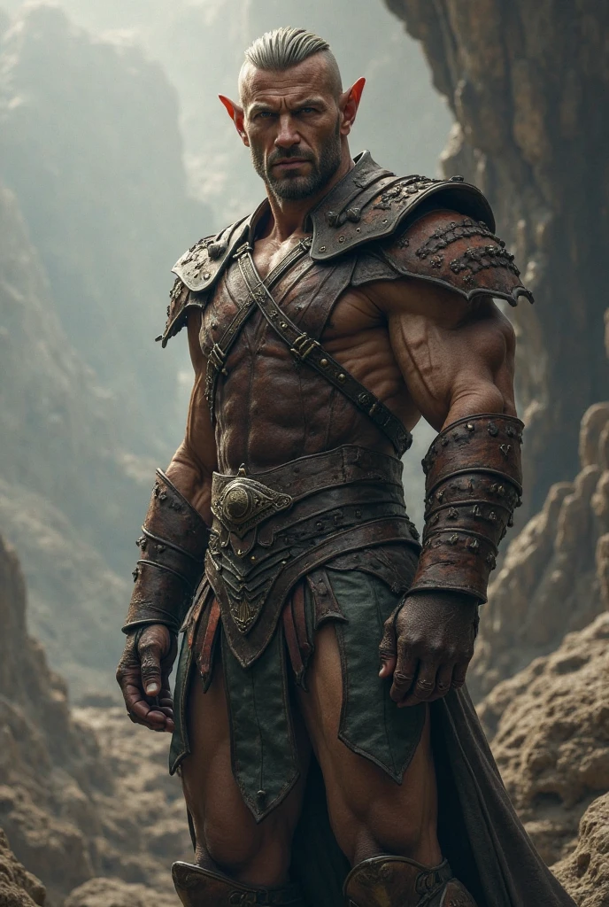 A robust, muscular warrior with entirely brown hair. His underarms are smooth and well-maintained, with the skin appearing clean and polished. He stands powerfully in the middle of a vast, rugged field, surrounded by the raw, natural beauty of the terrain. His massive, clenched fists are the only weapons he needs, showcasing his formidable strength and his connection to the earth. The ground beneath him trembles and shifts, with rocks and soil being manipulated by his will, creating a dramatic and earthy spectacle. His stance is firm and commanding, with his eyes glowing with a deep, earthy intensity that highlights his mastery over earth magic. The background displays a rugged field, partially disrupted by the warrior’s earth manipulation. The image is rendered in a photorealistic, hyper-realistic 8k style, with studio lighting, featuring rich, natural colors, detailed textures of the soil, and dramatic lighting that accentuates the warrior's raw power and connection to the earth.