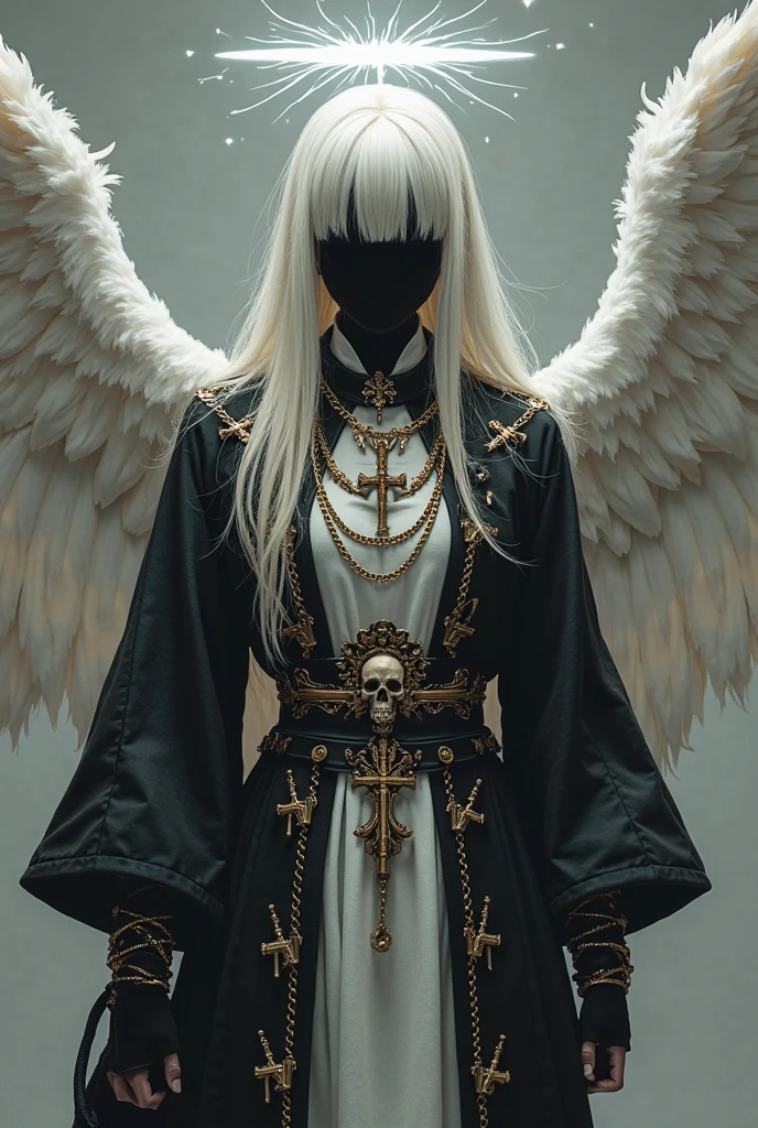 an angel brown skin woman, white wings, black dress, black cloak, long straight, white hair, Baby Bangs.  (dungeons and dragons art), (fantasy), (defined lines), (flat saturated colors), (cinematic composition), (perspective), (scketch style)