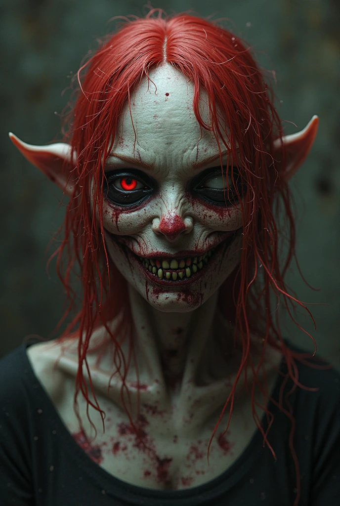 She is possessed by Lucifer himself Her face is pale Her wounds are infected Distorted and terrifying facial expression, with a macabre smile Erratic body movements, contorted and supernatural Pale skin, emaciated or sickly looking Distorted voice, serious or with supernatural echoes, as gore as possible
