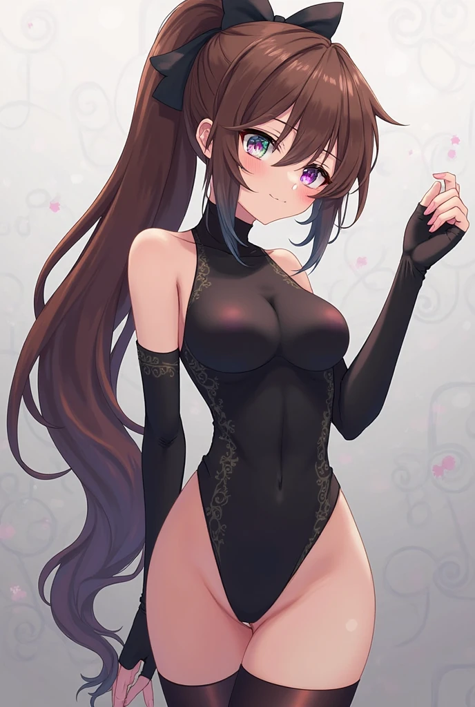 (highest quality, 8K, masterpiece, best image quality, ultra hd, delicate and smooth skin, real looking skin, perfect and beautiful face ,perfect and cute face, high detail skin, perfect limbs、thin waist、thin legs)、NSFW、grumpy face、twin tails、brown hair、red ribbon、(leotard)、locker room、