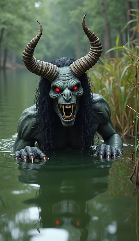 a dramatic and stunning award winning photo, dramatic linear delicacy, shot on Sony aiii high resolution digital camera, hyper realistic skin, global illumination, very natural features, TIME cover photo, f/ 11, A photograph of a (demon emerging:1.2) from swamp water,