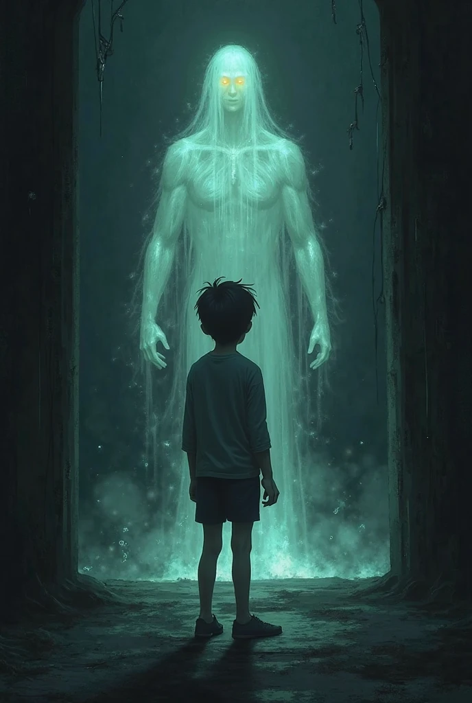 Black-haired boy approaches the ghost in fear