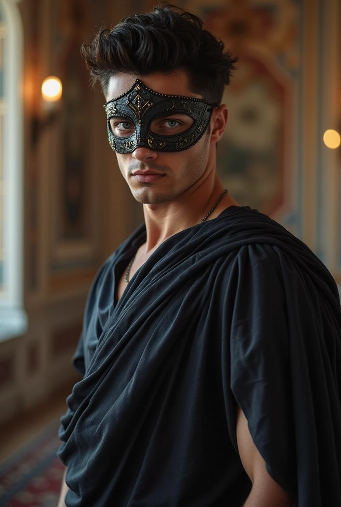 best quality,masterpiece,Ultra high detail,A handsome muscular man,Short black hair,deer horn on his head, topless,(Flowers on the shoulder), With flowers in his black micro thong, flowers covered around his head, his eyes are blindfolded with black cloth, realistic,Grey background,Yellow and white flowers,