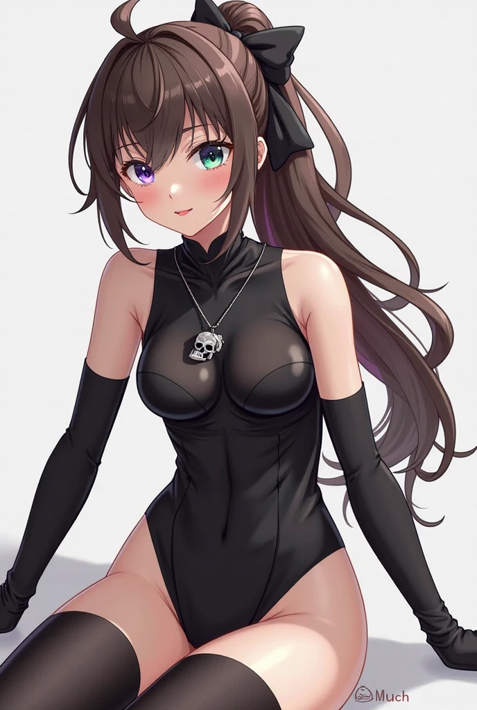 In the heart of a masterpiece, ((Solo, 1girl)), with brown hair cascading down her shoulders, holds a weapon - a gleaming handgun - with a tuft of fake animal ears peeking out from her black leotard. Her brown eyes gleam with a playful smile as she looks directly at the viewer, the gun held firmly in her hand. The gun's barrel is aimed playfully, creating an allure that is both enticing and captivating.
Her long ponytail swishes to the side as she stands confidently, wearing a high-leg strapless leotard and fingerless gloves, with bangs framing her face. The strap