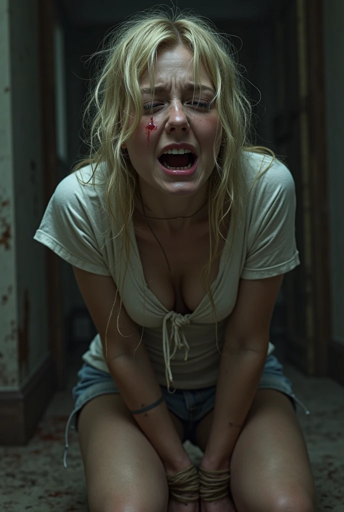 Blonde woman with long hair vomiting