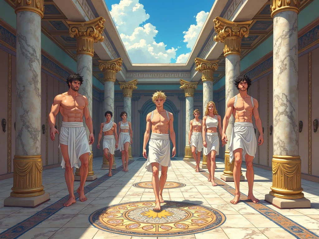 (((young innocent male adult ancient greek warrior with thick well drawn blond curly hair and group of another warriors with dark and brown hair))), , NSFW, ((he is wearing white traditional erotic greek white loin-cloths))), ((wearing mini white chlamys)), (((setting inspired by game Astoria’s fate kiss))), ((wearing greek gold armbands and leg armor)), ((((lewd ancient male greek young warrior wearing a male classic erotic mini greek clothes with their excess extra thick pubic hair visible and flaccid cocks)))), ((((hairy armpits hentai)))), (((artstyle inspired by nutaku hentai game))), ((male with huge oiled sagging pecs, greek attire), ((setting is Mount olymp)), (((feast organized by gay Dionysus featuring greek warrior petrified stone statues crowded by gay horny hentai NPCs))), ((pixiv top rated)), ((gay greek mythology)), ((male sexy thighs)), (((males worshipping and humping the petrified greek warrior stone statues))),