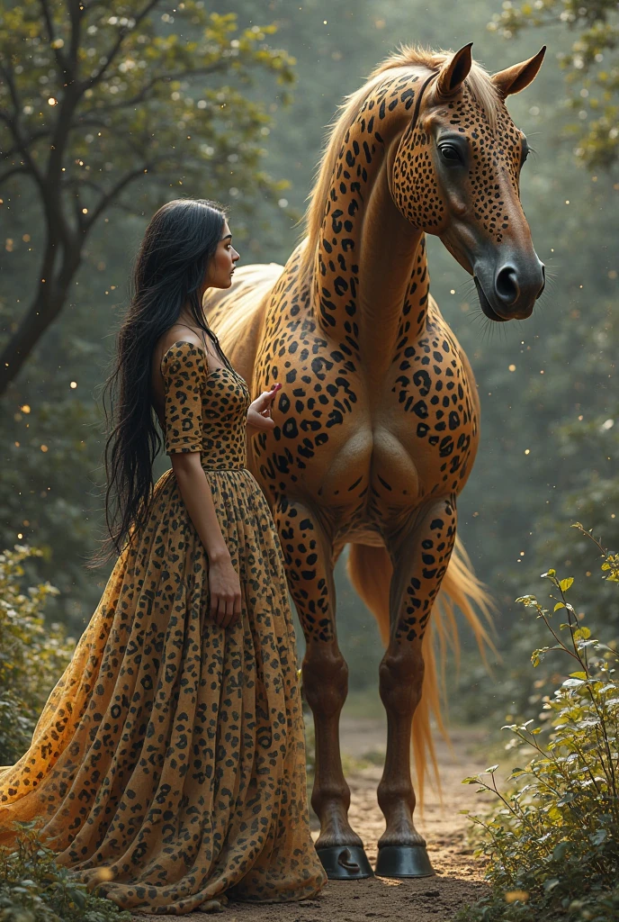 the beautiful,slender thin and prettiest Malaysian muslimah adult girl with beautiful cheeks wears leopard print lycra turtleneck unitard catsuit covered with black seamless spots and always wear leopard colour print lycra elastane stretchy dance wear hijab covered with leopard seamless spots.She is touching a horse.