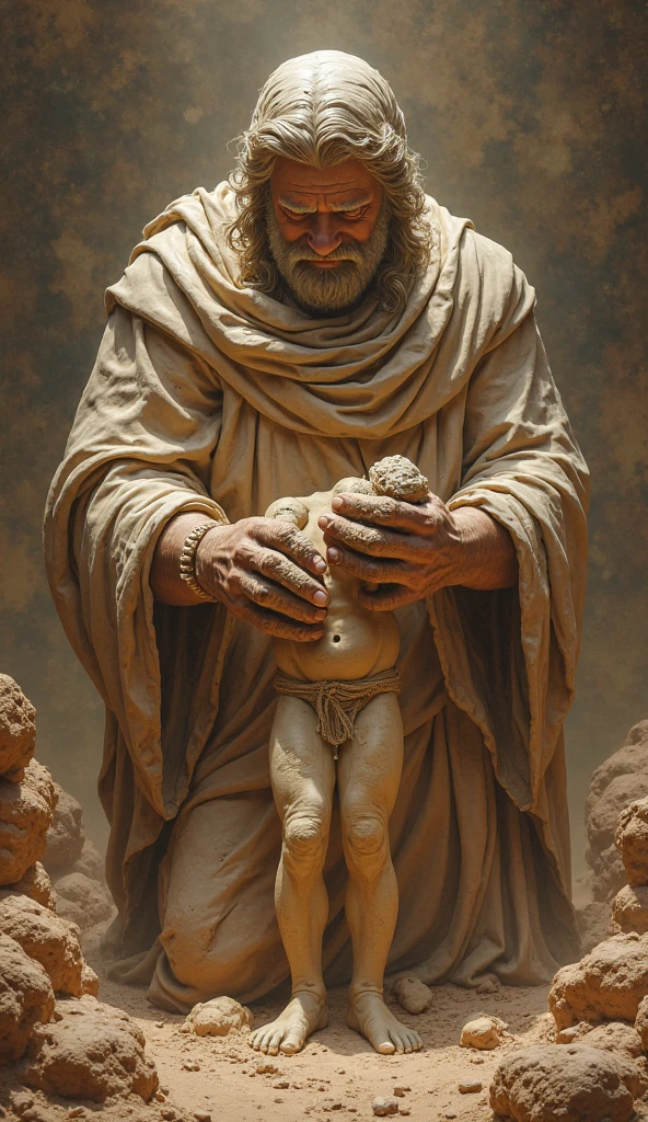 INSPIRED BY THIS MODEL I NEED YOU TO CREATE NEW COLORS THE MAN HAS WHITE HAIR AND BLUE CLOTHES,arafid statue of jesus holding a baby in a bowl, cgi escultura de barro, 3 d escultura de barro, Creation of the world, 3d clay rendering, 3 d clay rendering, figura de argila 3 d, modelo detalhado da argila, escultura realista de Bernini 8k, escultura altamente detalhada, escultura de barro, resin statue, por Alexander Kucharsky, clay rendering, feito de barro