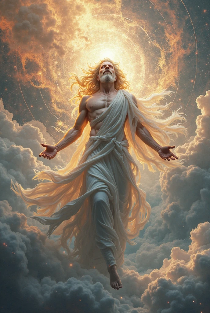 Majestic  god of clouds, sun and moon, wreathed in colorful smoke, cinematic, epic, smoke and particles, atmosphere, epic scale, atmospheric realistic, 4k, 