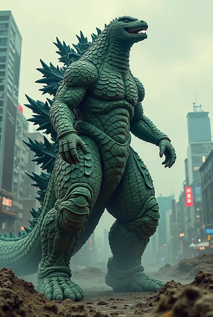 An epic photograph capturing the legendary Godzilla in a powerful stance, releasing a trail of atomic breath. The iconic monster, with itsgreen scales and piercing red eyes, radiates intensity and power. The background is a mix of an urban cityscape and the dark, enigmatic ocean, with a sense of destruction and chaos. The overall atmosphere of the photo is awe-inspiring and majestic, showcasing the sheer magnificence of this timeless creature., photo