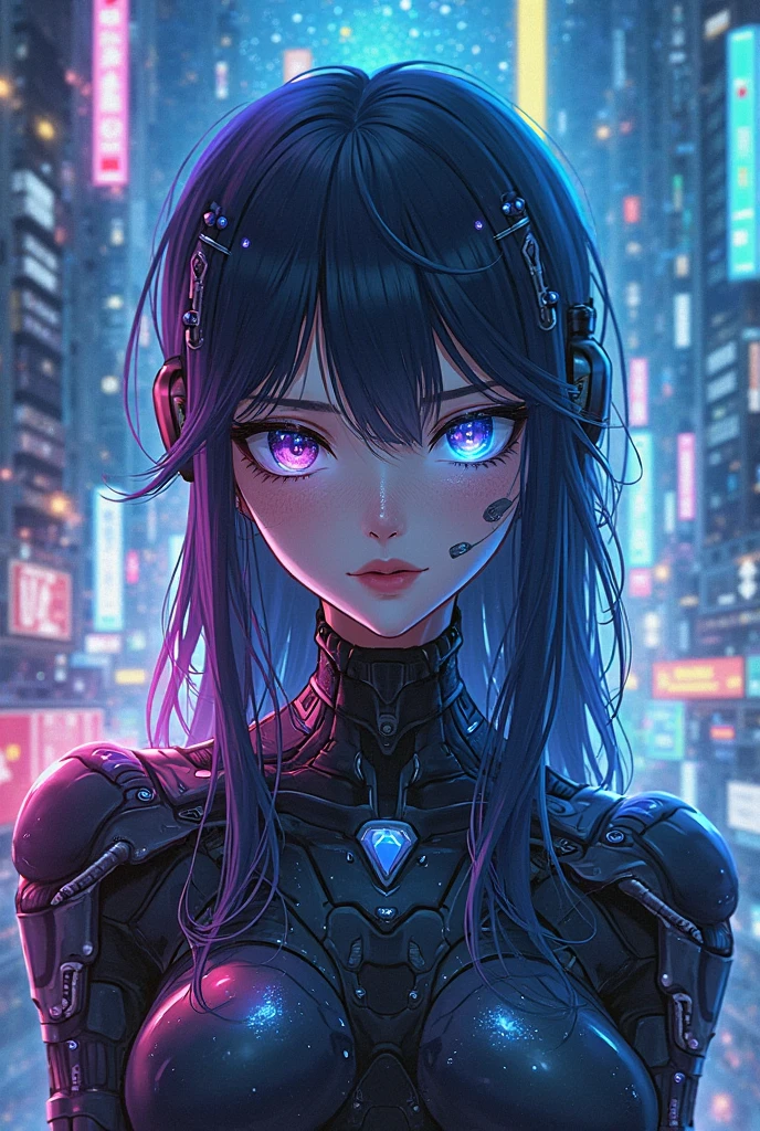 1girl, solo, lucy \(cyberpunk\), cyberpunk \(series\), asymmetrical hair, short hair, blue hair, green hair, pink hair, multicolored hair, blue eyes, eyeliner, eyeshadow, makeup, bare shoulders, portrait, looking at viewer, cyberpunk, hlpr, futuristic, hologram, glitch, holographic face, ui, interface, nodes, particles, depth of field, bokeh, masterpiece, best quality, very aesthetic, absurdres,