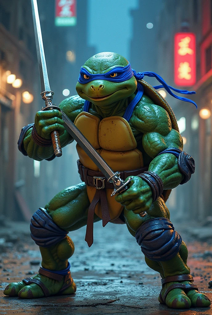 (RAW photo, real life, absurdres, high quality, photorealistic, detailed, realistic:1.3), (female solo:1.2),NSFW,a high resolution photo of a (TMNTLeonardo), a teenage mutant ninja turtle with a black bandana mask with eye-holes holding swords,katanas,toned body,veiny muscles,(full body view:1.1),evil,barefoot,(fight stance pose),feminine face,detailed face,looking at viewer,confident,concentrated,(breasts,boobs behind plastron:1.1),pussy,visible vagina below plastron,on a city rooftop at night, city buildings and dark night sky in background,cinematic, atmospheric, 8k, realistic lighting, shot by Hassleblad H6D, Zeiss, Kodachrome, nikon, 50mm 1.2 lens, Octane Render, ultra realistic, realistic lighting, photorealistic, photorealism, photoreal, unreal engine 5, Adobe After FX, highly detailed, intricate detail,detailed face,detailed eyes,detailed scales,(((black bandana,black bandages,metal pauldrons,metal leg armor plates,retractable claw blades))),<lora:90sTMNTLeonardo_v10Alpha:0.9>