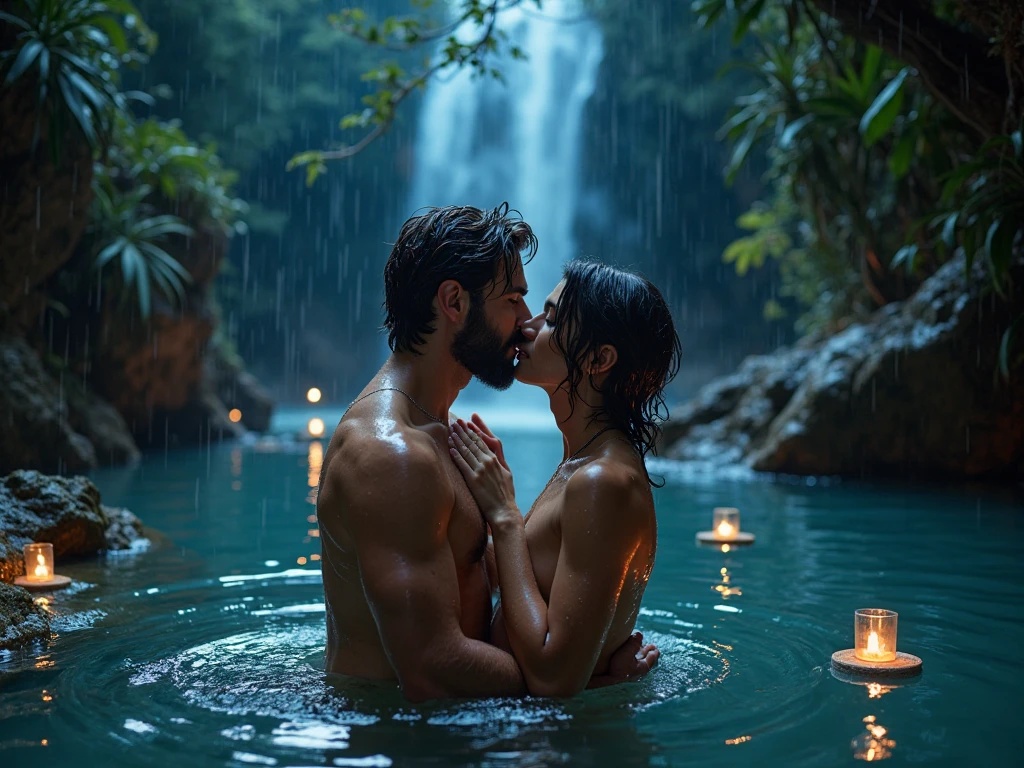 A sexy couple's bathing in forest and background is waterfalls