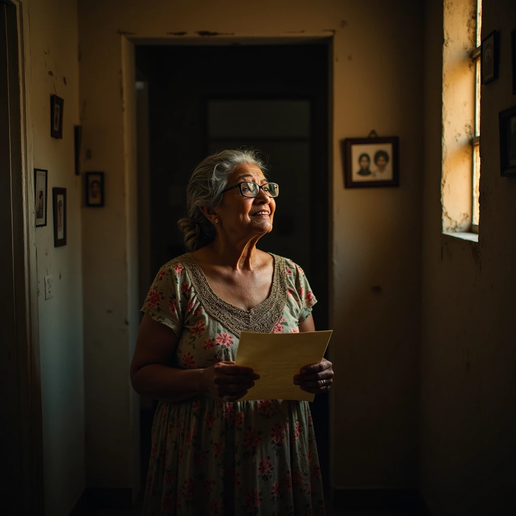 A 65 year old black lady, thin, weighing 47 kilos distributed in a body with 167 centimeters in height, with medium, flabby breasts, wide hip, thick legs and thighs. She has an expressive face with lines of time from age, small mouth, brown eyes with a serene and suffering look, light brown eyes and wavy hair. She is wearing glasses on her face and a long skirt, and she is using both hands to open a white dress shirt, exposing her bare breasts., she's leaning against a wall of a shack in a Brazilian favela at night.
