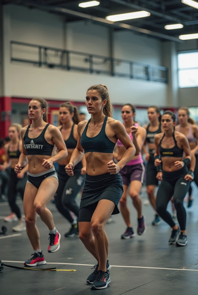 A high school girl is running naked in a gym where many people are wearing gym clothes.