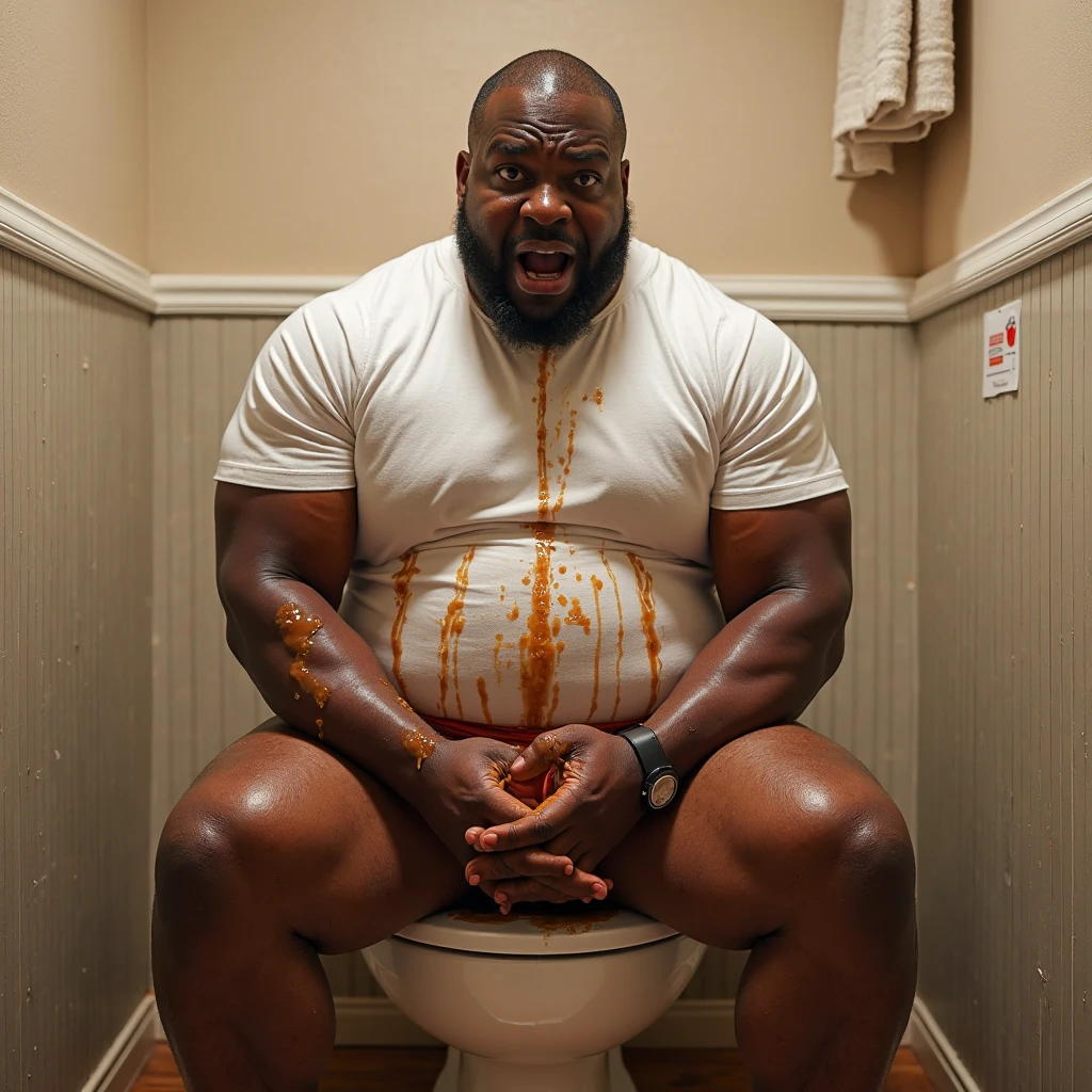 A dark skinned Big fat sweaty cute bearded and bald morbidly obese overweight heavy fat bigger african black man sitting at a picnic table outside with Monster oversized fat belly with a look on his face of pure intense orgasm, wincing hard, sweaty and hot, plump juicy big lips