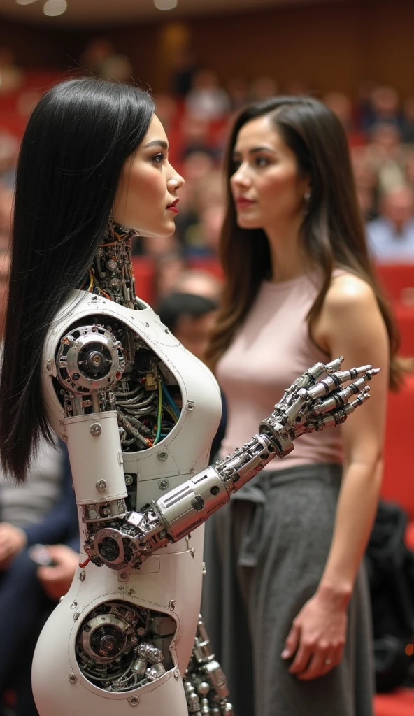 A woman with short black hair, wearing a black top, is posing with her hand on her head, she has a robotic arm with Arabic writing on it, the background is a plain grey, the image is a photorealistic digital painting, with a focus on the details of the woman's face and the robotic arm.

