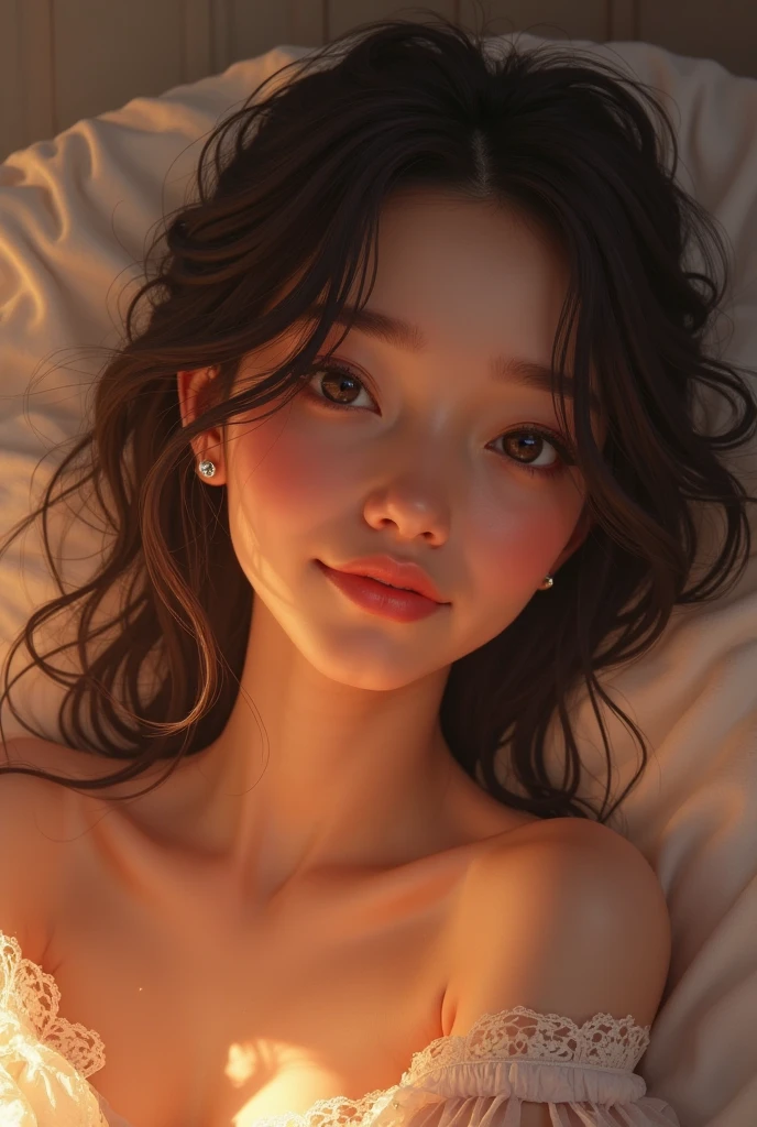 There is a woman who is lying on a bed with a pillow, Arte no estilo de Guweiz, 3 d anime realista, estilo de arte realista, foto retrato suave 8 k, Arte digital realista 4K, estilo de arte realista, Arte digital realista 4K, anime hiper realista, photorealistic anime girl rendering, Cinematic realistic portrait, Amazing photorealistic graphics