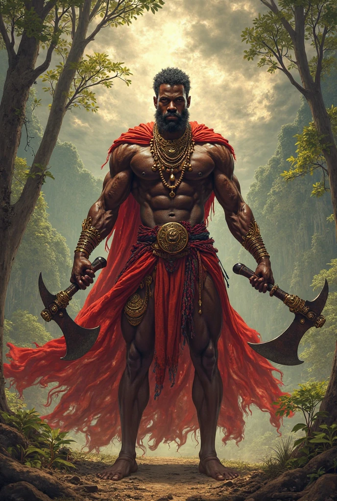 Orisha Black Man, warrior, in red and black clothes holding a trident in their hand at a crossroads