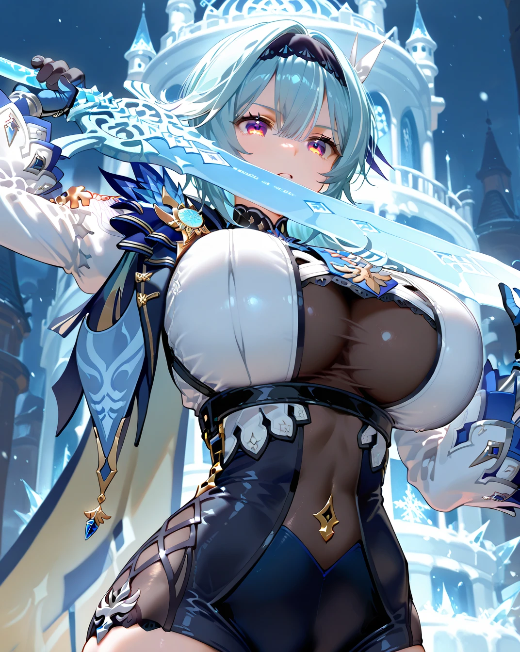 (White background:1.2),masterpiece,1girl,18yo, beautiful girl,BREAK,(blush,open mouth,Beautiful blue hair,Blue Eyes:1.5),(Cleavage,Areola,armor,navel exposed:1.5),