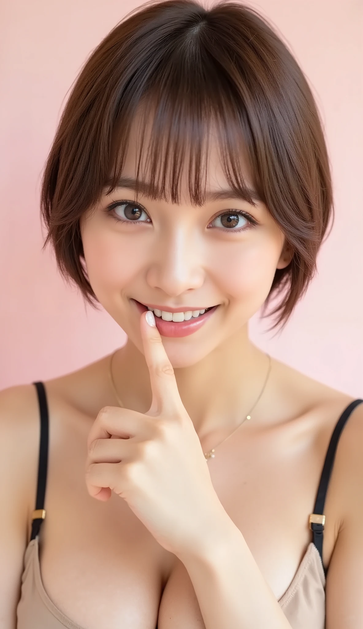 (greatest masterpiece:1.2), ( Original photo :1.2), professional photography, double eyelid, long eyelashes,Perfect Makeup Reals for Beautiful Skin,Perfect Anatomy,(perfect body,Slender West ,narrow waist,very beautiful breasts,big boobs,Disconnect,belly button,Nipples,Naked:1.3),shortcut hairstyle in a large company lobby,earrings,necklace,Studio Lighting,セクシーなPose,Studio Shot,(A woman with a gentle expression puts her index finger on her mouth "quiet" Pose, ), smile, pastel background,
