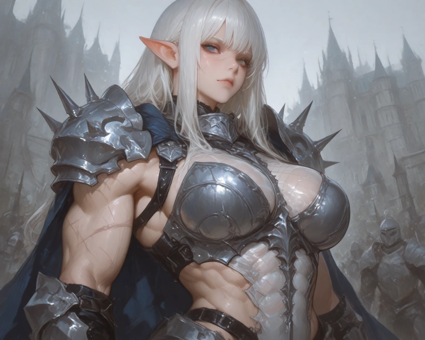 The action is completely different from the original picture,Exactly the same character,One of them is wearing black armor、Wearing a horned crown helmet、Drawing of elf woman holding sword,(Black cloth), Long elven ears,biomechanical oppai, Thick armor,half blindfold, ornate bikini armor, wearing shining breastplate, Wearing armor!!,White long hair ponytail, a very beautiful violent woman, Covered in scaled armor, Armor Maiden, Dressed in armor