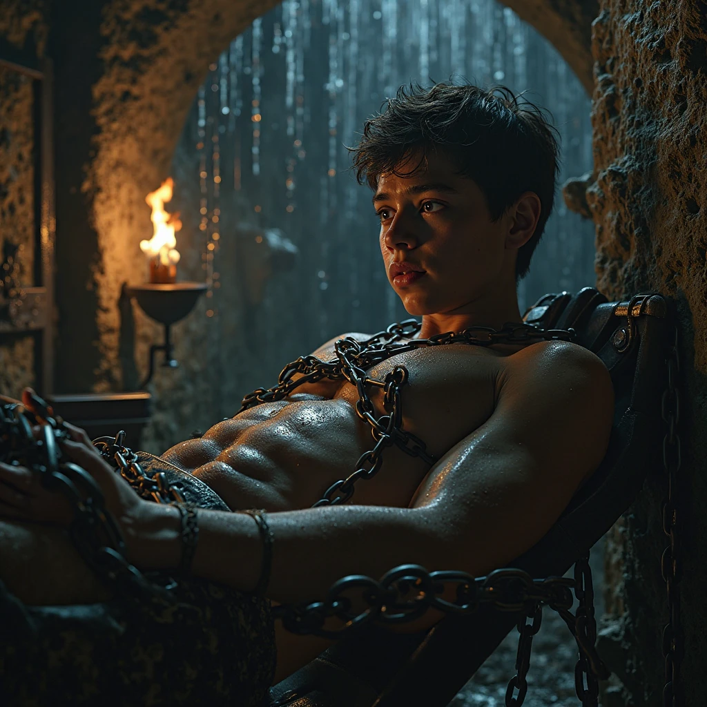 A bruised, sweaty, skinny teenage boy, with blond curly hair, shirtless in manacles, leg irons and satin shorts, with steam rising from him,  wrapped tightly in chains, screams in pain, on a wooden torture rack, surrounded by lightning, in a dungeon