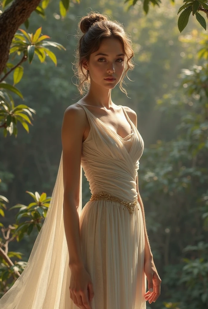 Create a portrait of a goddess-like female figure in a tranquil, forested environment. She has an elegant appearance with long, wavy hair styled in an updo and adorned with a delicate, floral headband. She wears a flowing, ancient Greek-inspired gown in a soft, pale color, featuring a one-shoulder design and draped fabric that accentuates her graceful form. The outfit includes a decorative belt with ornate gold detailing, and she holds a bow in her hand, with a quiver of arrows slung over her shoulder. The background depicts lush greenery, with sunlight filtering through the trees, casting a gentle, ethereal light on the scene. Her expression is calm and contemplative, embodying a sense of wisdom and serenity.