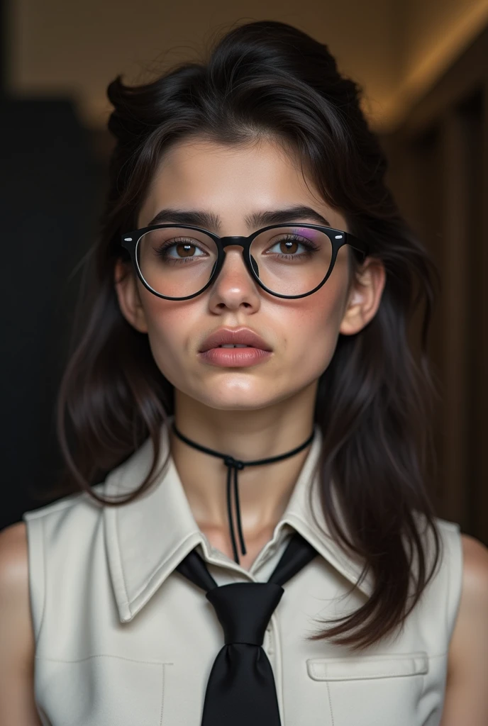 (Ultra Real), (Illustration), (High Resolution), (8K), (Very Detailed), (Best Illustration), 
(Beautiful Detailed Eyes), Brazilian girl wearing elegant white dress open, 18 years old, showing black lacey see-through bra (big breasts:0.5), hair up messily. large glasses, choker.