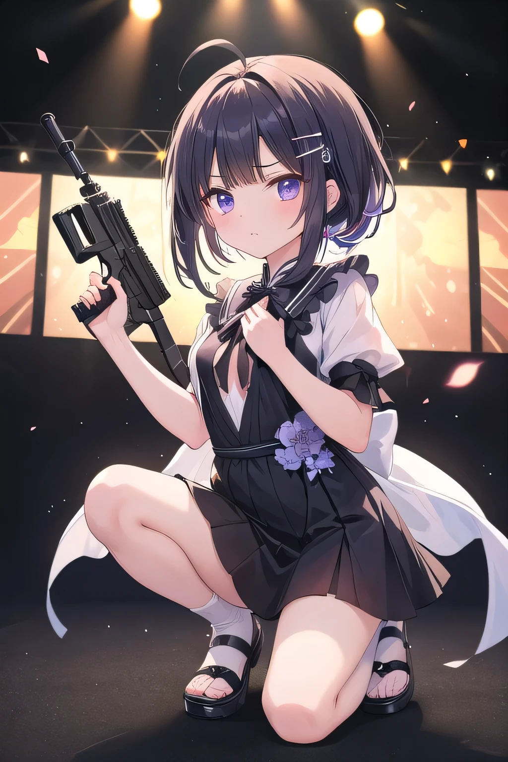 ((top quality)), ((masterpiece)), (Details), 1 girl。blunt bangs。braided ponytail。ahoge。short hair。Cute Hair Clip。(small breasts)。Stage。particles of light dance。Silhouette of Homura Akemi holding a gun。crouch with one knee on the ground。open foot。serious expression。idol costumes。ASSAULT RIFLE。avoid shootings。
