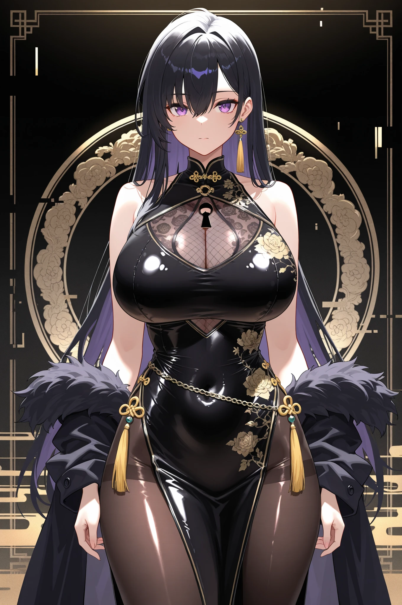 ((best quality)), ((masterpiece)), (detailed), thick eyebrows long inner eyebrows, purple hair, confident smile, long hair, (Hair next to the ear is curled), ((fox ears)), (Black open neck and shoulder dress with gold trim.), (Long dress with slit at the side of the skirt), (black choker around the neck), (two hands together in front), Gold long stick-shaped earrings, ((lovely large breast)), small waist, gatherbelt, (stockings), cowboy shot, ((one girl looking ahead)), Delicate beautiful charming face with captivating green eyes