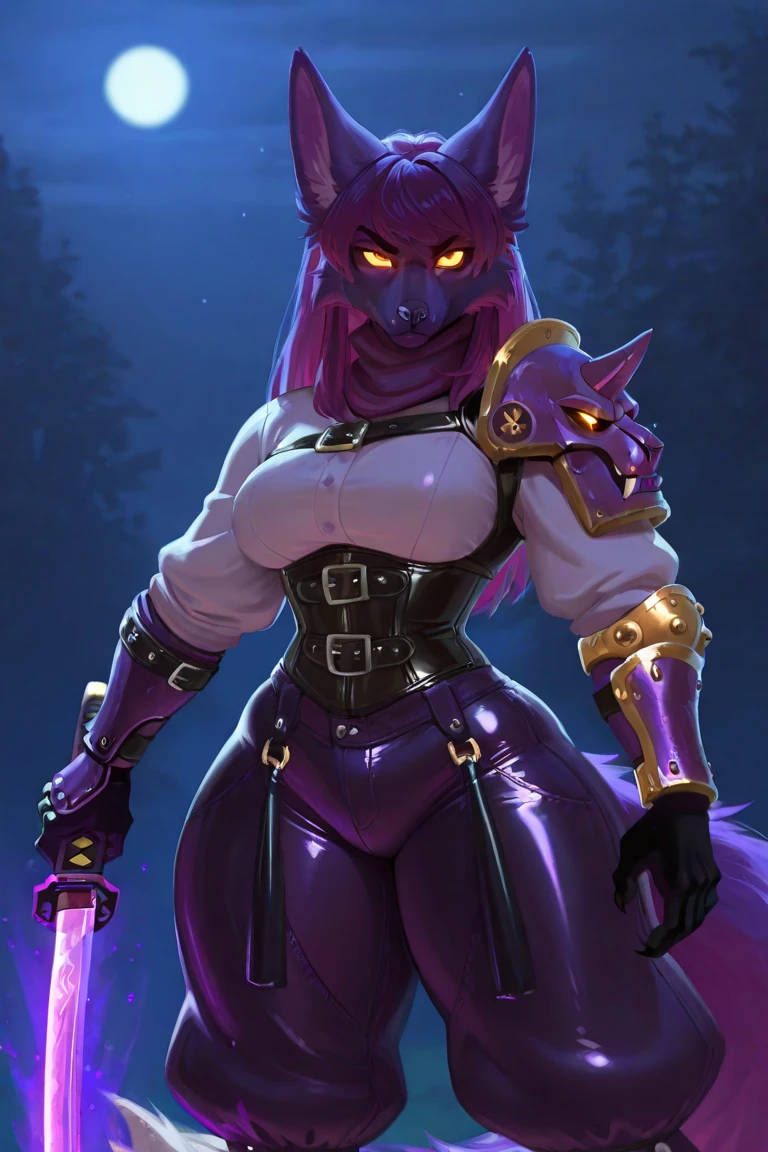 ((best quality, masterpiece, perfect anatomy, detailed picture)), 1female, arctic protogen, arctic fox, long visor, purple visor, purple eyes, sexy body, ((hair purple neon color)), Nightingale armor, (Skyrim), fluffy tail, red blushing, shy, in the ruins, 