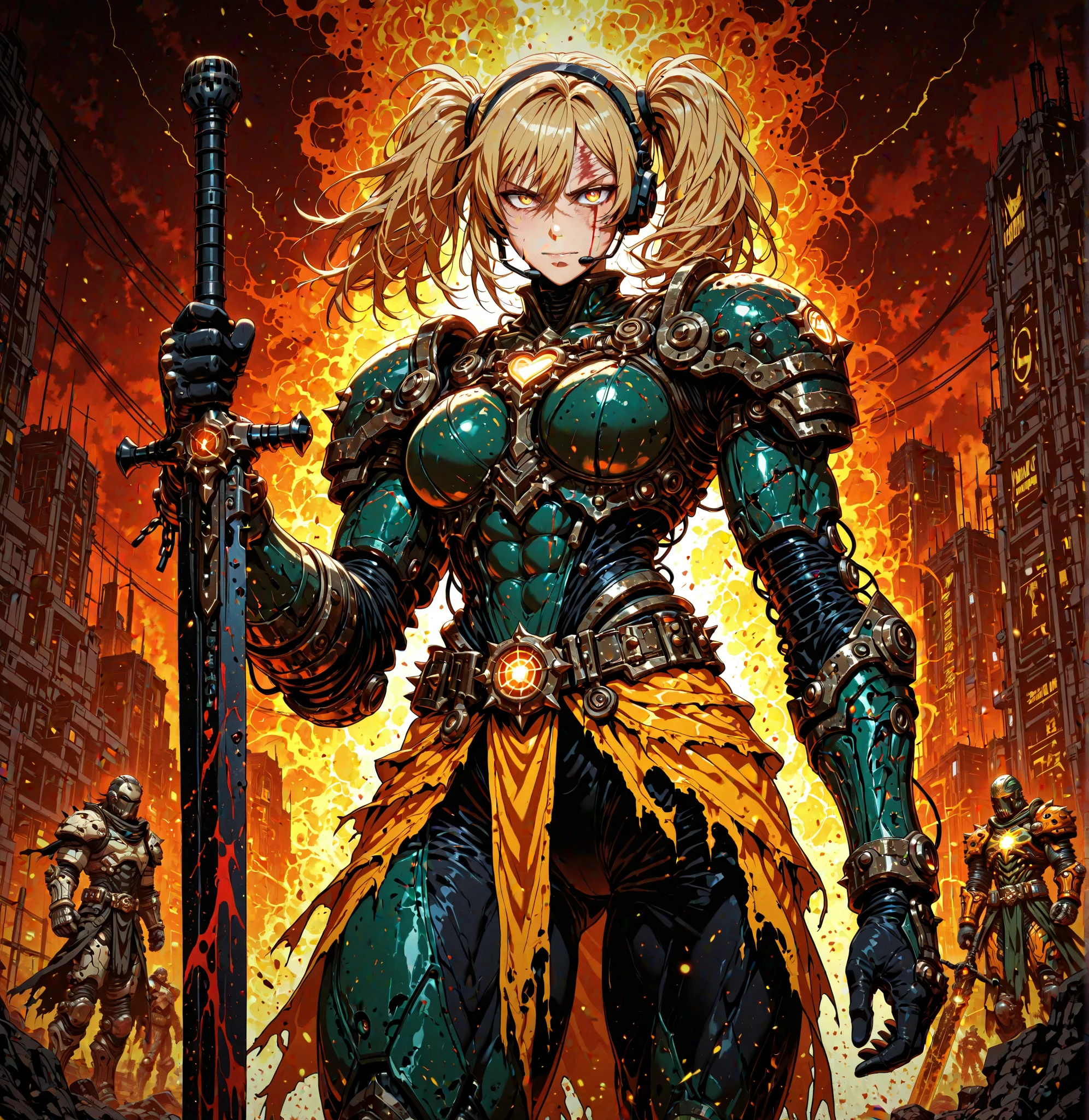 4k, highly detailed, anime style, HDR, subsurface scattering, in a temple, temple being destroyed, Greek temple on fire background, (masterpiece, best quality:1.2), caenis,( fgo stage 3), 1girl, big breasts, looking at fires, smile, short hair, white hair, bangs, red eyes, animal ears, open clothes, hairband, grin, (gold armor), body markings, white nails, epic scene, tall girl,full body, darskinned-female, , standing, musclegirl, forest, staff holding, posing,light aura