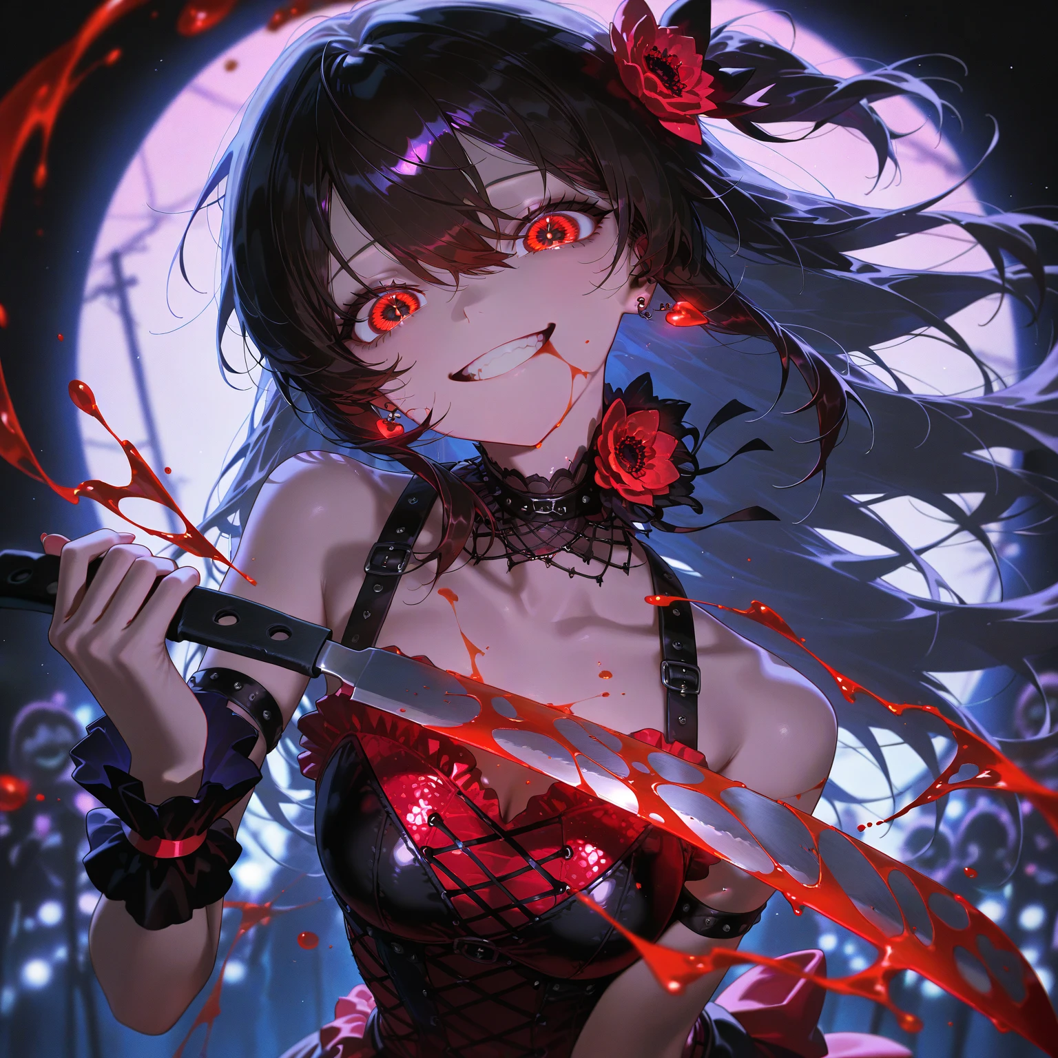 (Highest quality,4K,High resolution,masterpiece:1.2),Very detailed,Realistic:1.37,Spooky altar background,Dark fantasy,Red color scheme,Ominous atmosphere,Eye-catching,Storytelling,anatomy,Anime Style,Concept Art,beautiful細部までこだわった顔と (((Red eyes ))),Terrifying Ritual ,Satanic Ritual,Untimely Death,Unjust act,Crazy Smile,Scythe Face,Girl Monster, beautiful,  Delicate facial features, Sharp Eye, Sharp Fangs, Pale skin, Thick chain, Dark Background, Cinema Lighting, Dramatic Shadows, Gothic style, Gloomy atmosphere, Dark fantasy, One Girl, , Please open your mouth wide, Open your mouth and baring your teeth,Sharp teeth like a beast, Wide lips, very wide mouth, Vermilion cheeks, ,(Blood splatter:1.4),Scary smile, laugh at,Fallen angel design, Twisted smile、Bloodstained、bleeding from the head,,、Blood splatter、,(Blood splatter:1.4),Crossbones, skull,Horror Style, ((Fantasy Fallen Angel Costume)), ((Flowing black hair)), ,(Blood splatter:1.4),Female curves, Sexy flat stomach, Perfect hands, Perfect anime face, ((White Lolita Dress)), Are standing, ((Wicked Smile)), ,(Blood splatter:1.4), Steam circulates, Moonlight Illumination, night lighting, disaster々new devil horns,,(Blood splatter:1.6),アニメFallen angel design, Twisted smile、Bloodstained、bleeding from the head,,、Blood splatter、,(Blood splatter:1.4),Crossbones, skull,Gothic architecture、Western architecture、Fantasy World、,Victorian cities, Skeleton Gaslight,