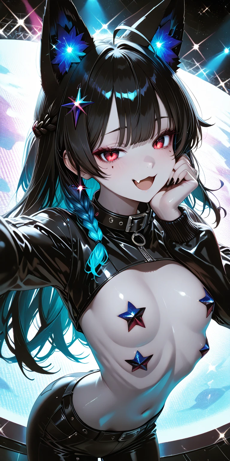 highest quality, clear and well-groomed face, Clear, bright and shining eyes, long eyelashes, punk girl, earrings, big breasts, Obscene lines,