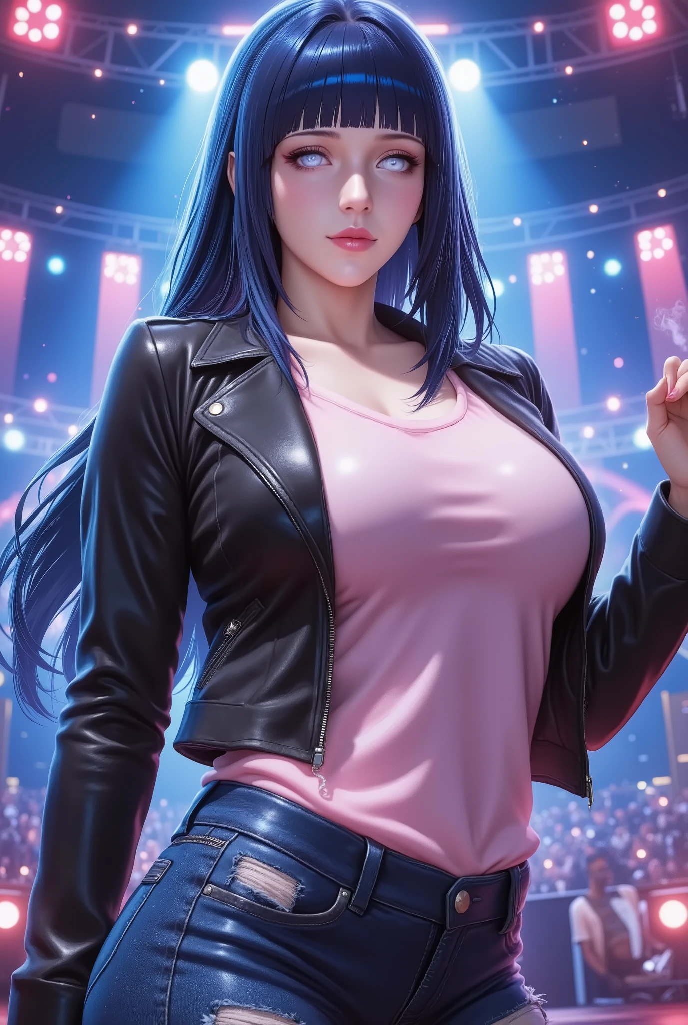 ((HYŪGA_HINATA'S)), (Masterpiece) (masterpiece) K-pop idol girl, medium-long Dark Blue hair, White eyes,thick lips painted red, dressed in a pink bib, short black leather jacket and worn jeans, with sexy attitude, on a stage with spotlights, bailando, In natural light at night, Full-body, with some steam from the heat of the lights