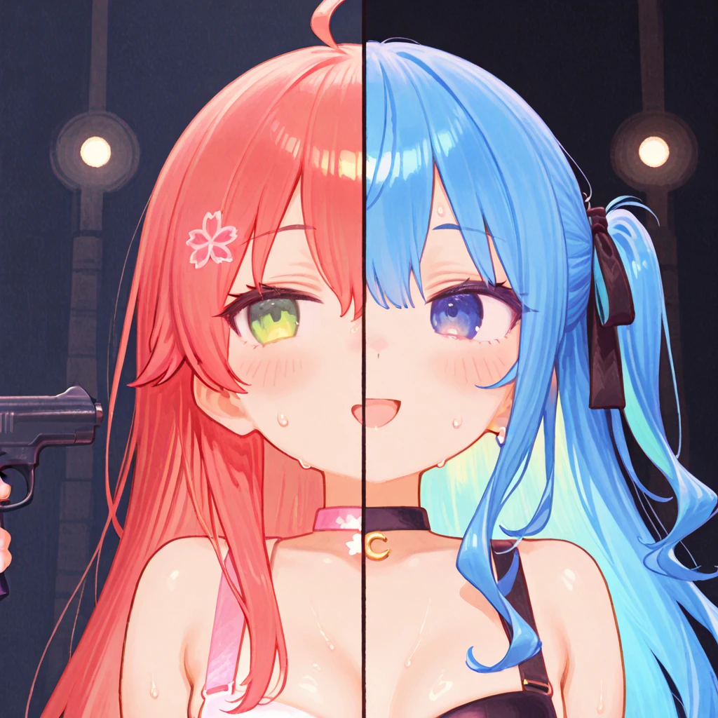 anime girl in a bikini with a knife in front of a mirror, live2d virtual youtuber model, ecchi anime style, hololive, anime styled 3d, ecchi style, various pose, ecchi, my dress up darling anime, smooth anime cg art, 3d anime girl, two beautiful anime girls, vivid color.digital 2d, symmetric!!