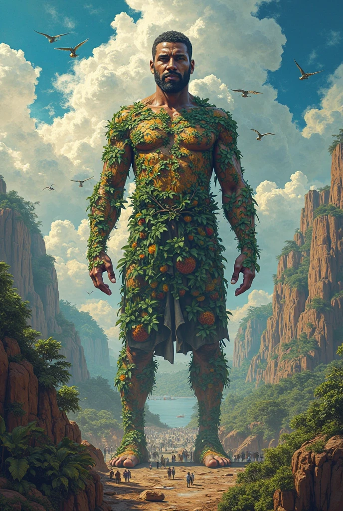 Illustration of a fullbody young detailed firness shirtless barefoot man with white skin, turquoise blue eyes, flowery hair and body covered with many leaves, soft color, dreamy, surrealism, abstract painted background with gouache paint strokes, intricate details, 3D rendering, octane rendering frank francella style.
