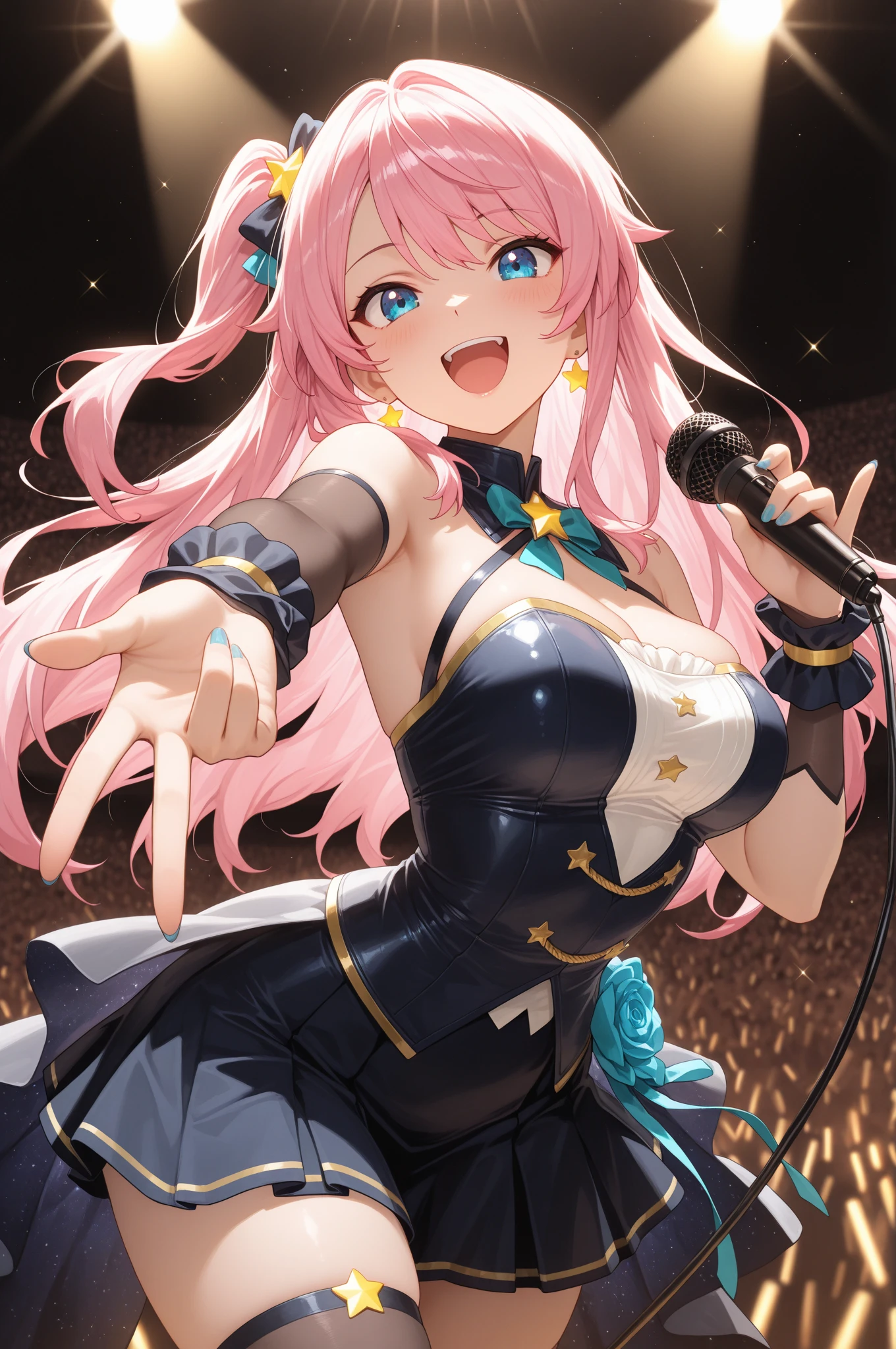 (masterpiece:1.2, highest quality), (realistic, photorealistic:1.4), beautiful illustrations,
looking at the viewer, whole body, Front view:0.6,
1 female, Japanese, ((pink hair:1.5, medium hair:1.5)), blown hair, bangs, ((big breasts, big ass))
beautiful hair, beautiful face, beautiful and detailed eyes, (yellow eyes:1.3), beautiful clavicle, beautiful body, beautiful breasts, beautiful thighs, beautiful feet, beautiful fingers,
(beautiful scenery), beautiful concert stage,
((polka dot dress:1.3, detailed accessories, vest, mini skirt)), panties,
(Are standing, Grab the hem of the skirt, put your hand on your chest, hand between legs, open your legs:1.3),
(Look at the viewer while blushing:1.3), ((idol costume:1.5))