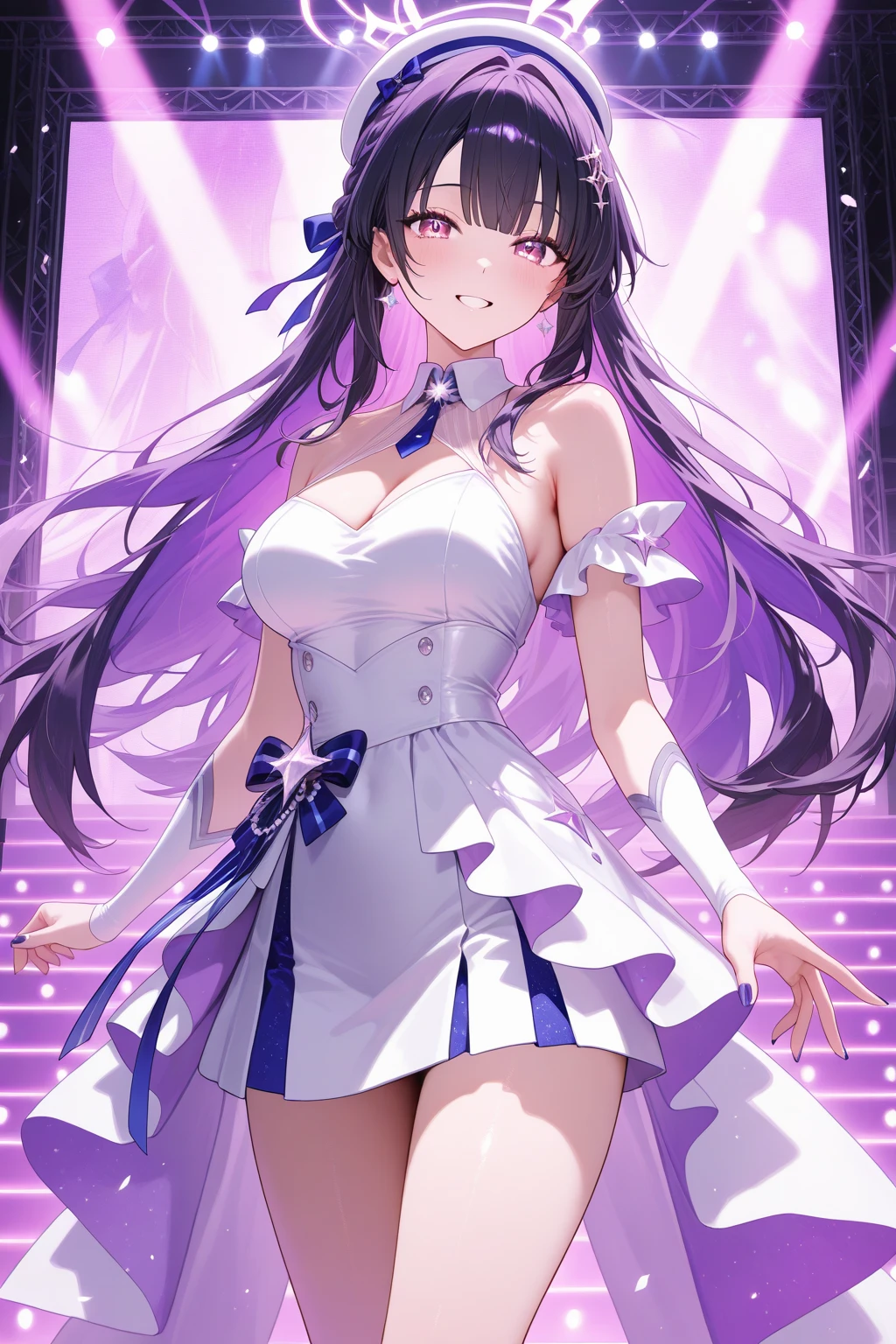 illustratio、Cinematic Light、hight resolution、best qualtiy、ultra-detailliert、A detailed face、top-quality、ultra-detailliert、​masterpiece、(详细的脸)、Clean face、The best smile、Idol in white and red goth lory costume、Light blue long hair、Twin-tailed、Ultra-detailed embroidery、cloths、a choker、high-heels、blue eyess、Neon small shiny hair ends、D-cups、cleavage of the breast、(AI Fantasy Concert)、Shining lighting with neon details、Idol、Hold the microphone with your left hand and sing、(Packed audience in the background)、 light reflections、Heart-shaped iris、playful eyes、Open shoulders、(a wet body)、Small glowing butterfly、Hair Jewelry、pantiy、Lace panties