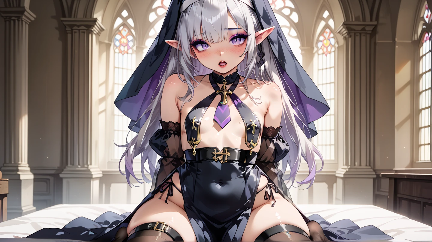 NSFW, (masterpiece:1.2), (best quality:1.2), (extremely_delicate:1.2),(highly_detailed :1.3),(1girl), (solo),(elf:1.2), (white_long_hair), (black_blindfold:1.2), (slender_waist:1.2),(busty:1.5), (large_breasts:1.2),(nun_hat),(black _veil:1.05), black_dress,(cross:1.35),(nipple_piercing:1.05),(navel:1.5),(tatoo:1.4),(womb_tatoo:1.5),(public_tatoos:1.5), (tatoo_on_body:1.5),(perfect_body:1.2),(large_breasts),(black_knee_high_heeled_boots :1.2 | lace_black_thighhigh:1.2),(long_lace_black_gloves:1.2),hands,(futanari:1.4),(huge_penis:1.8),(long_penis:1.8),(veiny_penis:1.2),(veins:1.2),(erection:1.5),(precum:1.3), (penis_awe:1.2),(hands_on_penis:1.2),(large_testicles:1.3),(veiny_testicles:1.3),(holy_light:1.2),(sunlight:1.2), indoors,(sitting:1.3),(wide_shot:1.5),(side_view:1.2),(full_body:1.2),<lora:tattooAtEverywhere_v10:0.50>, hyper_penis ,<lora:hyperfuta_v2.0_locon_AdamW8bits:0.75>