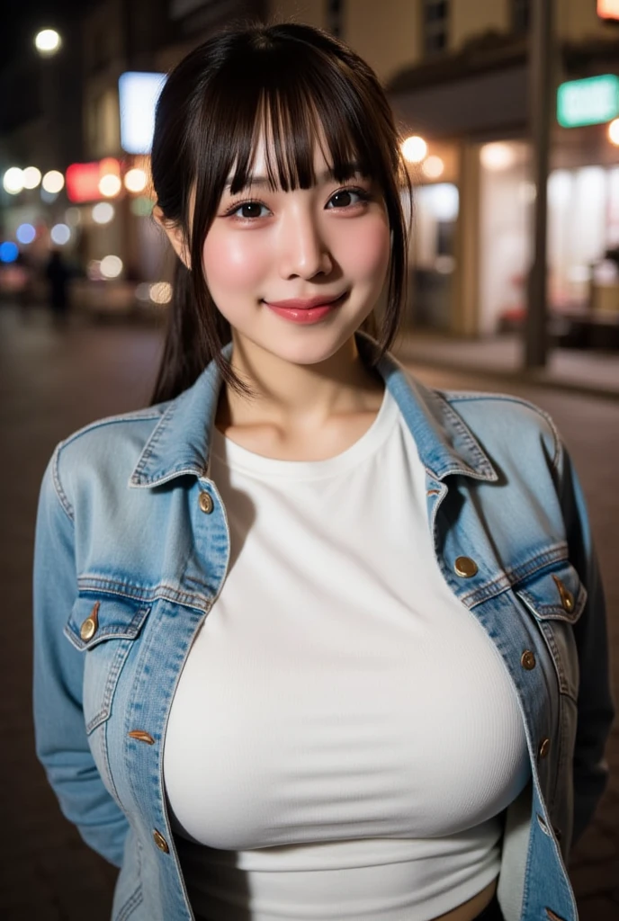((Tabletop)), ((Highest quality)), (Super detailed), ((Very detailed)), 4K, (8K), Highest quality, (beautiful), Gradation, alone((Tabletop)), ((Highest quality)), (Super detailed), ((Very detailed)), 4K, (8K), Highest quality, (beautiful), Dynamic Angle, Cute girl in the park at night, One Girl, alone, Perforated T-shirt, Huge boobs, beautiful brown hair 0, ((beautiful eyes))0, Light Smile