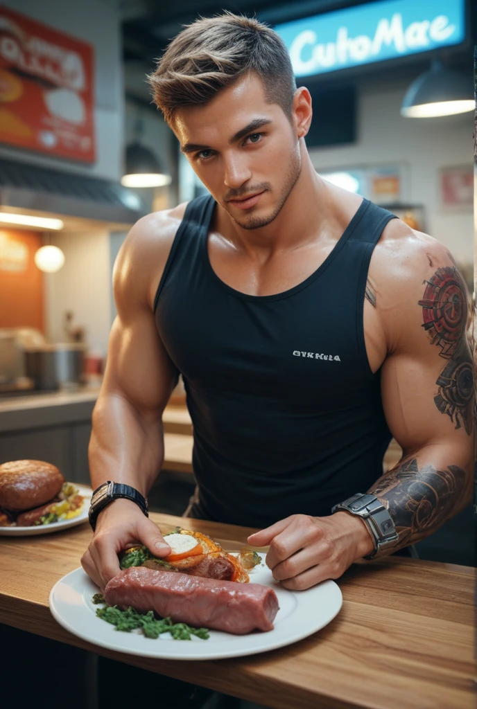 (8K, RAW photo, Highest quality) masterpiece, 1 boy, Look at viewer, standing forward, smiling, wearing small apron white Loincloth, showing his huge muscular breasts, puffy nipples, narrow waist, he is holding a plate with a huge slice of pizza. The pizza is big-sized, Huge pizza on the table .Handsomee, Topless, Thick body hair, wearing nothing completely naked, in a Italian restaurant background , cinematic lighting, UHD