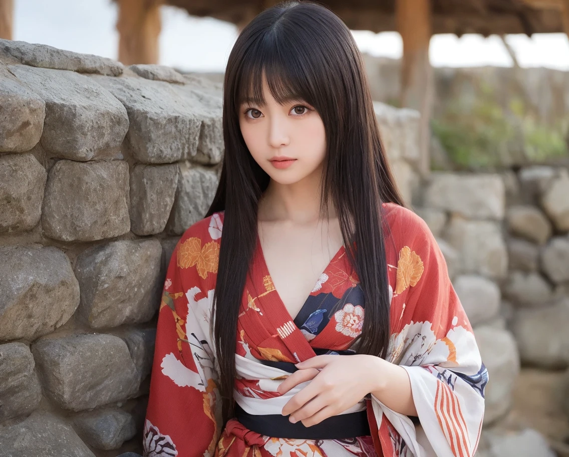 ((best quality)), ((masterpiece)), (detailed), 1girl, beautiful straight black long hair , seductive gaze , perfect body ,standing position , sexy poses , Floral kimono , black bra , on the rooftop , Japan Old houses