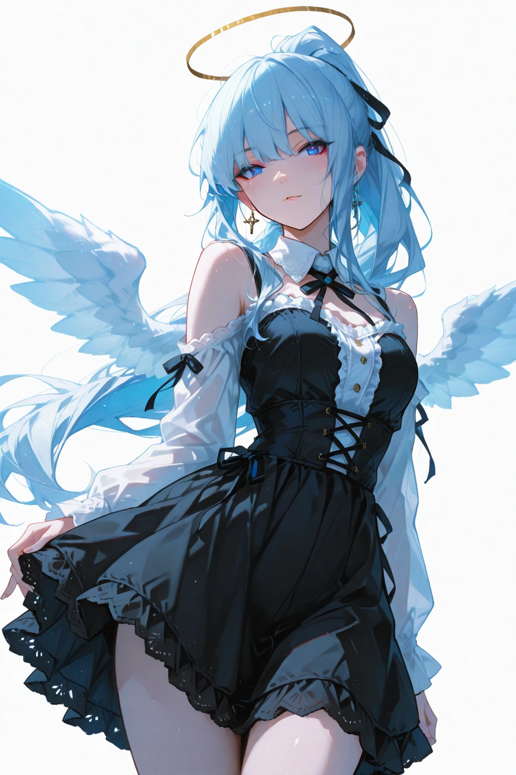 (masterpiece, Highest quality), One girl, alone, Absurd,((Masterpiece, 4K, 8k, High resolution)),Spectacular views,alone(dead angel(black-blue ,beautiful,Mysterious,Complex,detailed,Dark look)),She's killing it with black water,Colorful Refraction,Surreal,Complex,blue sky,Dynamic Angle, Gray Hair,