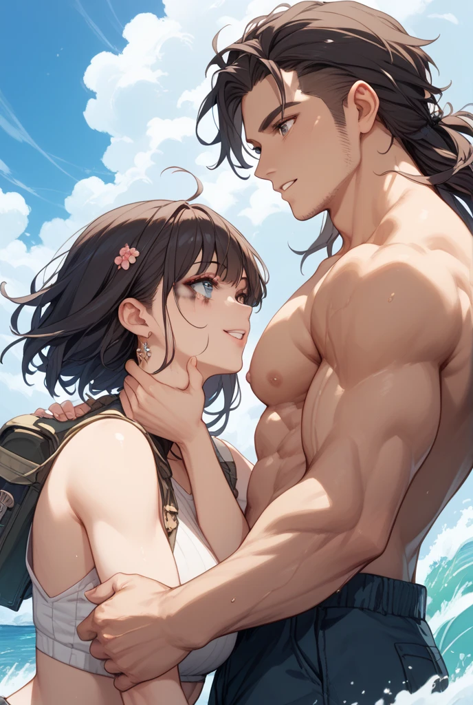 1girl and 1man (man is tall and muscular) (girl is slim cute and frail) (beach in the background) (wearing beach clothes) facing the camera.
