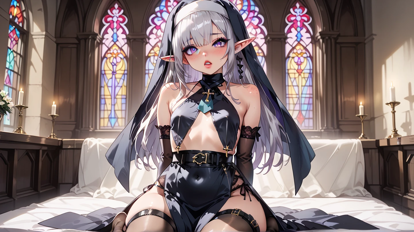 Aesthetic drawing, delicate drawing, beautiful elf girl, delicate face, delicate eyes, 1 girl, elf, beautiful breasts, nipples, dark-skinned woman, pointy ears, big breasts, gloves, dark elf, panties , long hair, underwear, sword, hair covered one eye, weapon, cleavage, gray hair, anatomically correct