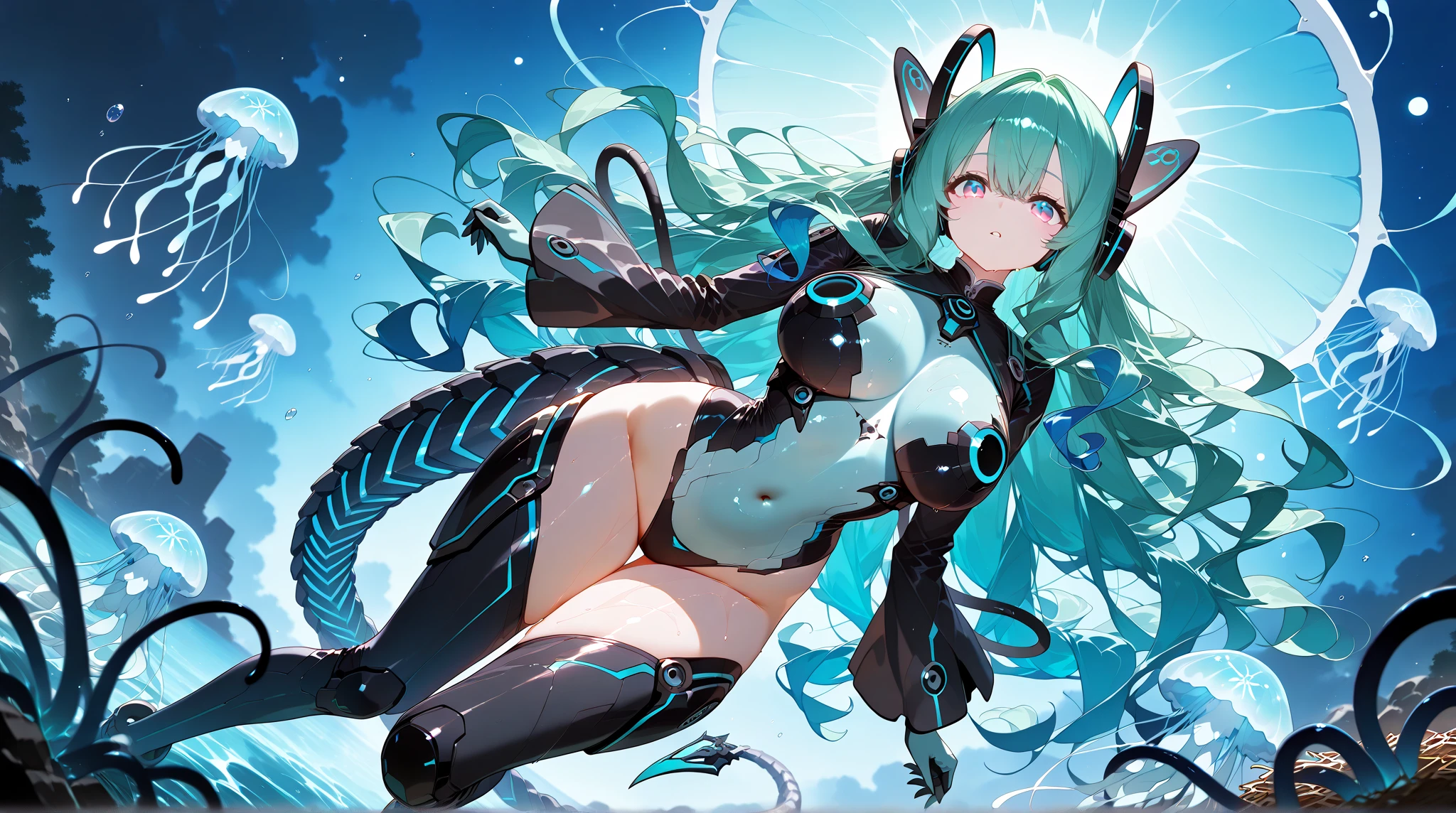 A woman wearing tentacles dripping hot water、Guyver Style、Wicked Smile、A woman has tentacle servants around、Scarab reploid、Cel-shaded adult animation、Metroid Suit、Long Hair
